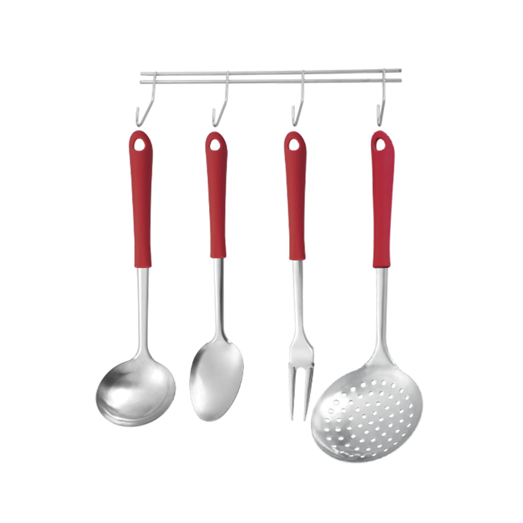 Conjunto Utensílios Em Inox Com Cabo Plástico 4 Pçs + Suporte Linha Elegance