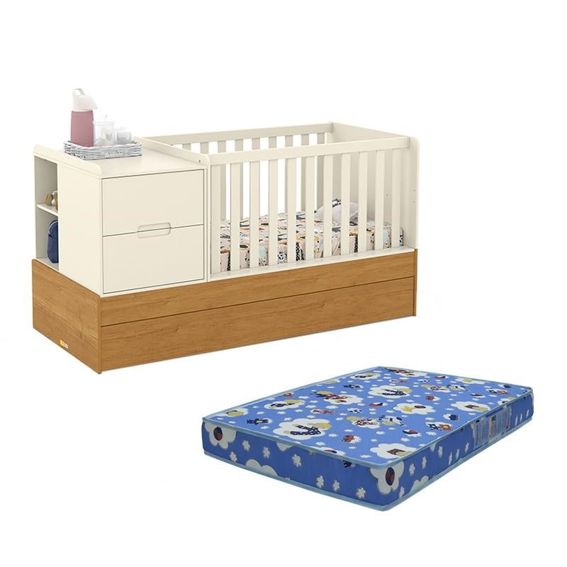 Berço Multifuncional Formare Com Cama Auxiliar Off White/freijó E Colchão Baby Physical - Matic Móveis
