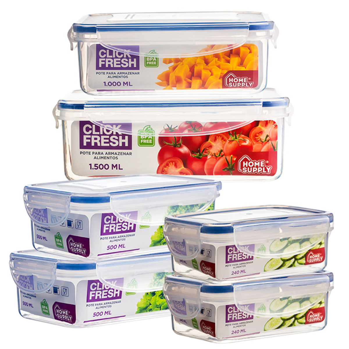 Conjunto com 6 potes herméticos de qualidade click fresh Menor preço em Conjunto com 6 potes herméticos de qualidade click fresh