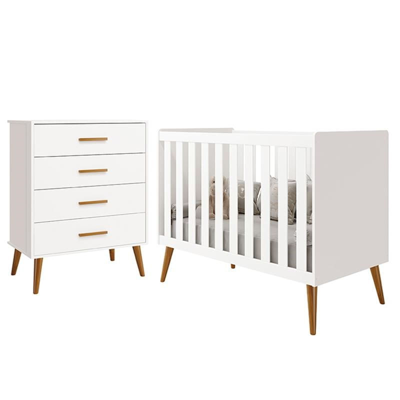 Jogo De Quarto Infantil Isis Cômoda 4 Gavetas E Berço Branco - Reller Móveis