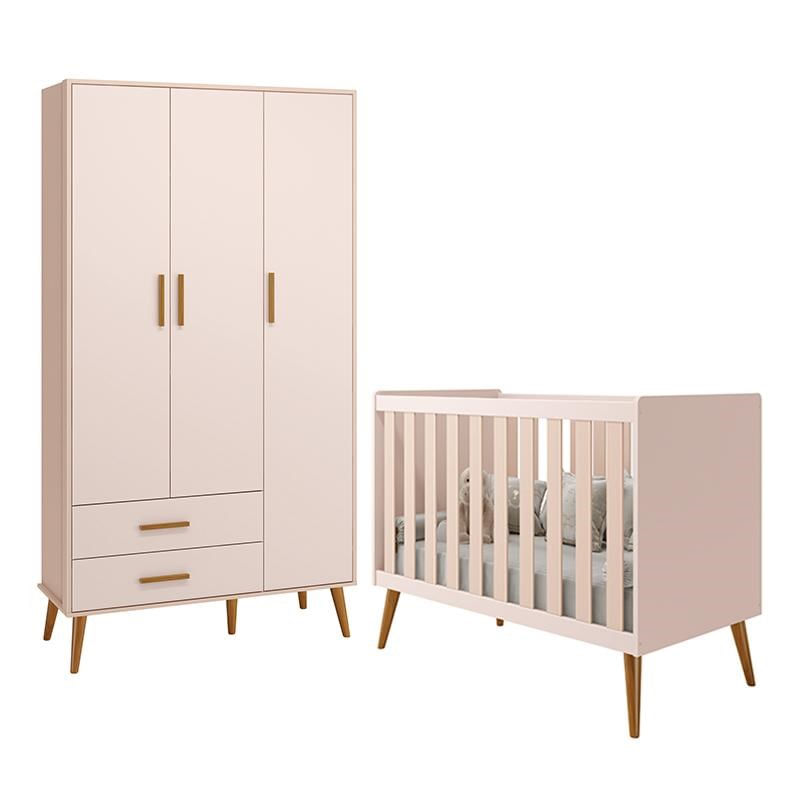 Jogo De Quarto Infantil Isis Guarda Roupa 3 Portas E Berço Rosa - Reller Móveis
