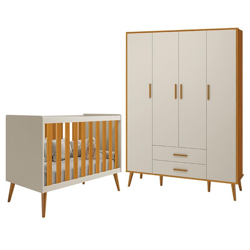 Jogo De Quarto Infantil Isis Guarda Roupa 4 Portas E Berço Areia/savana - Reller Móveis