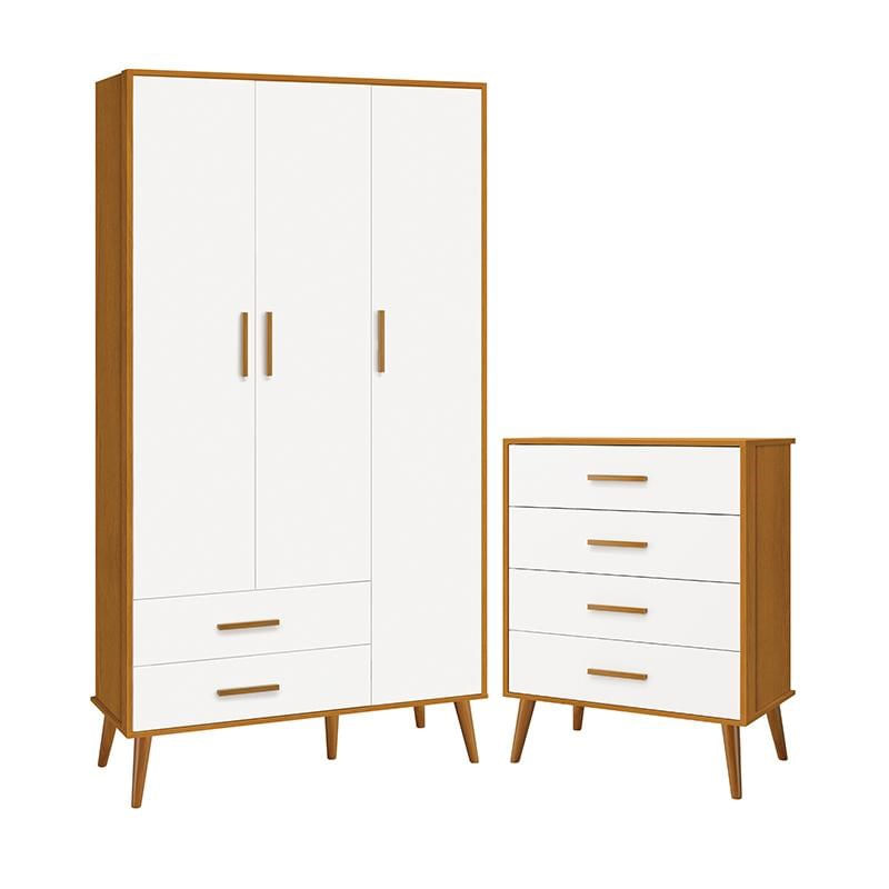 Jogo De Quarto Infantil Isis Guarda Roupa 3 Portas E Cômoda 4 Gavetas Branco/savana - Reller Móveis