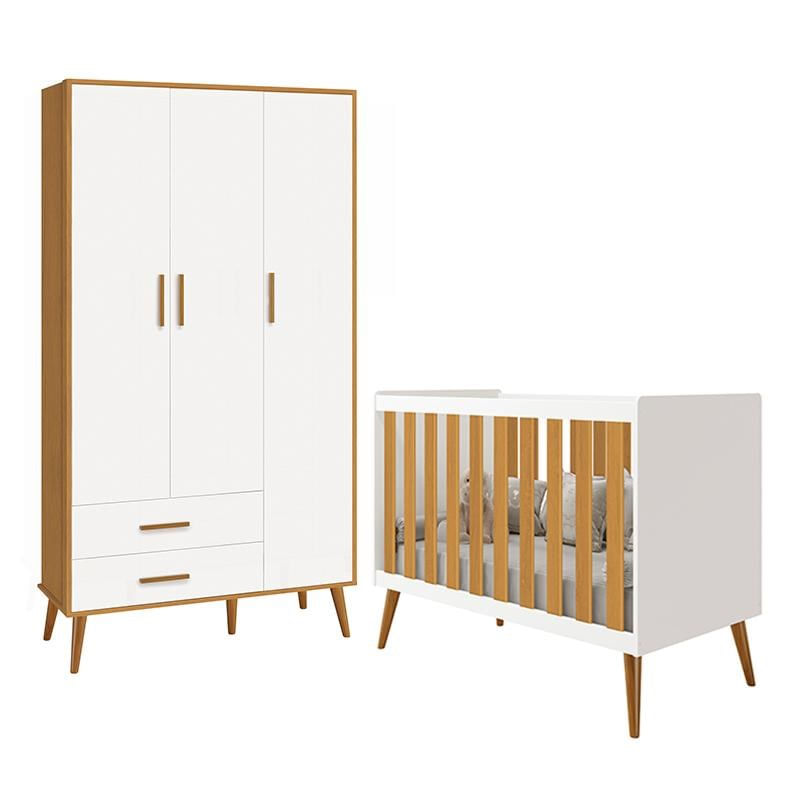Jogo De Quarto Infantil Isis Guarda Roupa 3 Portas E Berço Branco/savana - Reller Móveis