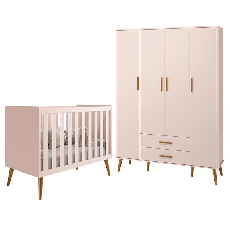 Jogo De Quarto Infantil Isis Guarda Roupa 4 Portas E Berço Rosa - Reller Móveis