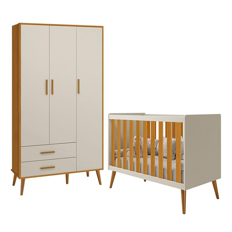 Jogo De Quarto Infantil Isis Guarda Roupa 3 Portas E Berço Areia/savana - Reller Móveis