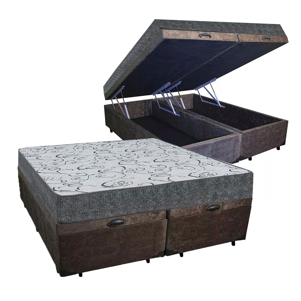 Cama Box Baú Casal Bipartido Colchão Espuma D33 Maxx Kansas + Box Suede 77x138x188