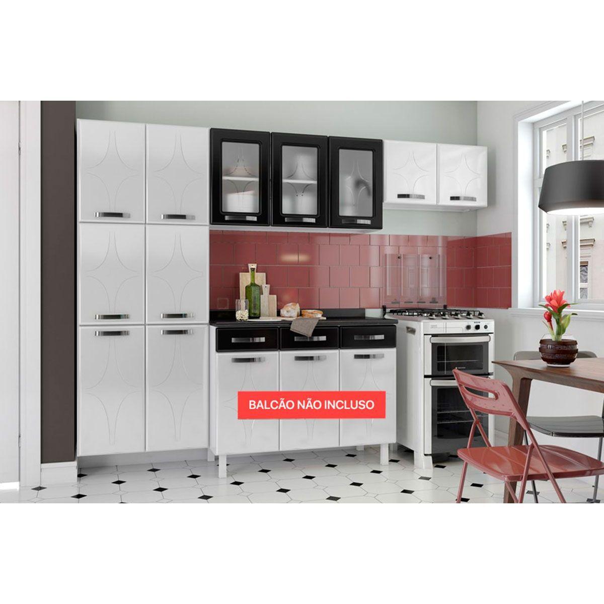 Cozinha Modulada Telasul Rubi De Aco 3 Pecas 2 Armarios 1 Paneleiro Cpt47 Branco Preto