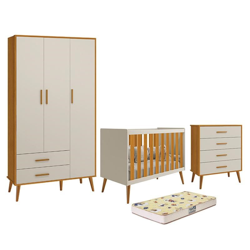 Dormitório Infantil Isis Guarda Roupa 3 Portas, Cômoda E Berço Areia/savana Com Colchão D18 - Reller Móveis