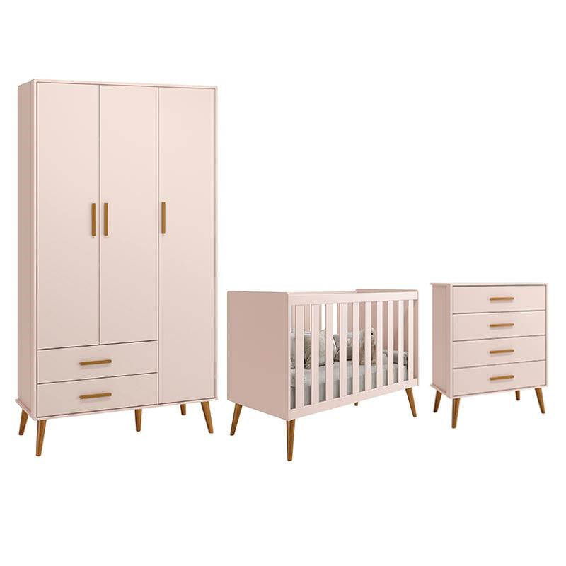 Dormitório Infantil Isis Guarda Roupa 3 Portas, Cômoda E Berço Rosa - Reller Móveis
