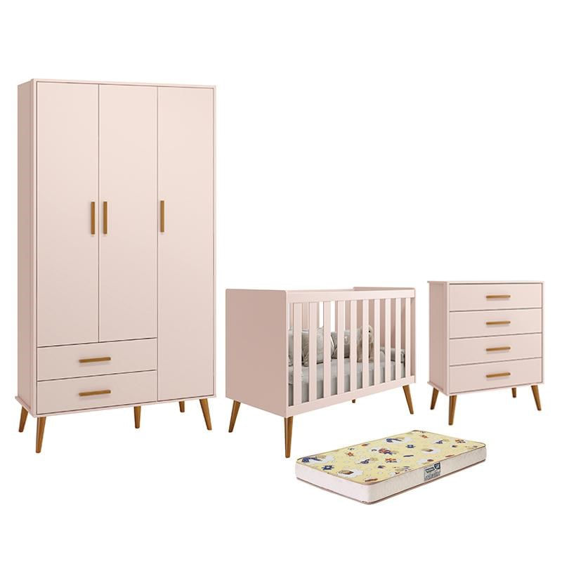 Dormitório Infantil Isis Guarda Roupa 3 Portas, Cômoda E Berço Rosa Com Colchão D18 - Reller Móveis