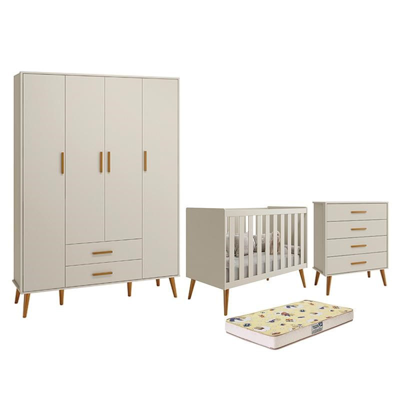 Dormitório Infantil Isis Guarda Roupa 4 Portas, Cômoda E Berço Areia Com Colchão D18 - Reller Móveis