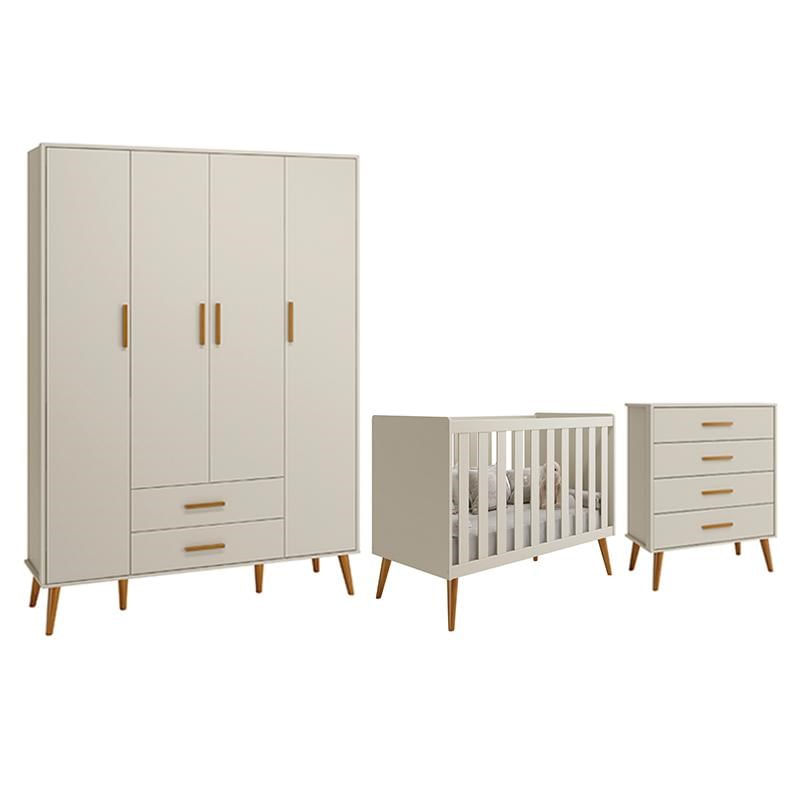 Dormitório Infantil Isis Guarda Roupa 4 Portas, Cômoda E Berço Areia - Reller Móveis