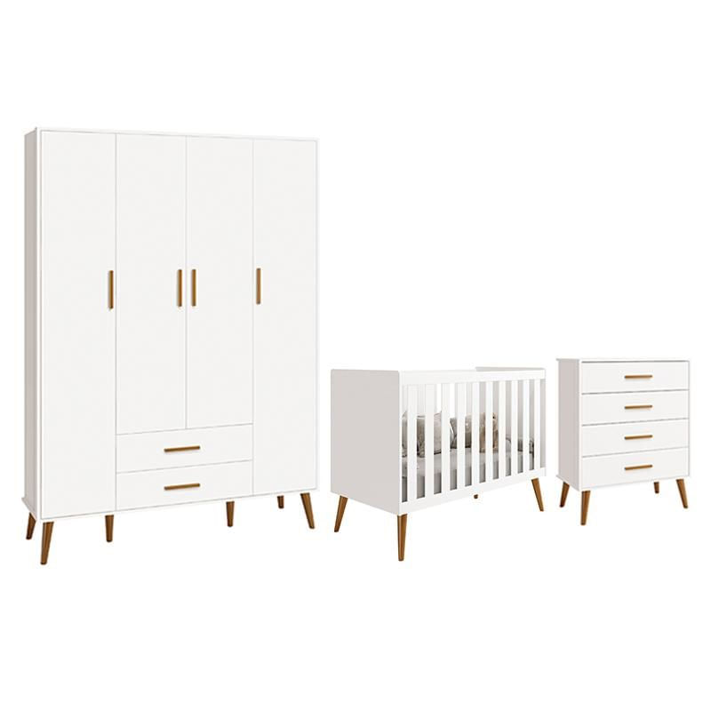 Dormitório Infantil Isis Guarda Roupa 4 Portas, Cômoda E Berço Branco - Reller Móveis