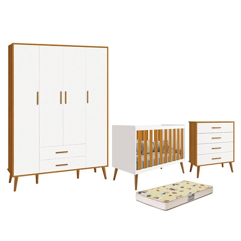 Dormitório Infantil Isis Guarda Roupa 4 Portas, Cômoda E Berço Branco/savana Com Colchão D18 - Reller Móveis