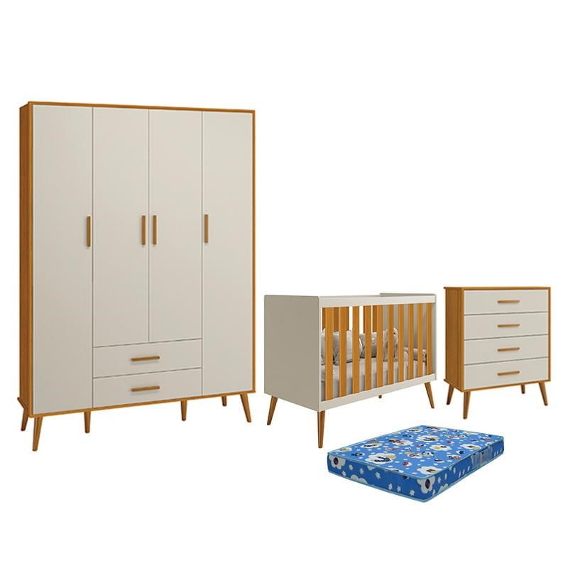 Dormitório Infantil Isis Guarda Roupa 4 Portas, Cômoda E Berço Areia/savana Com Colchão - Reller Móveis