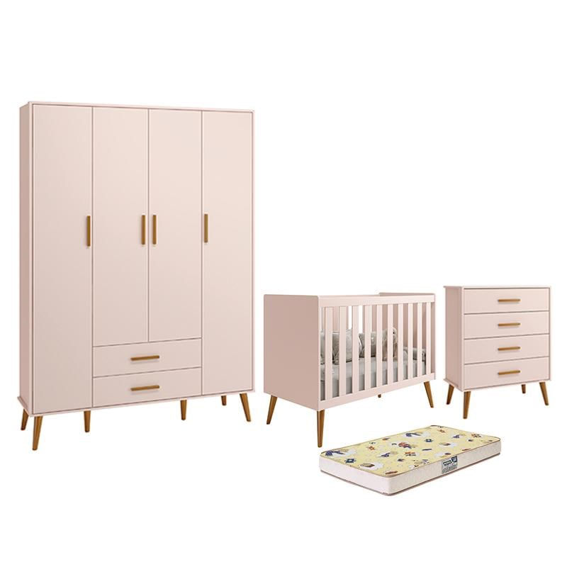 Dormitório Infantil Isis Guarda Roupa 4 Portas, Cômoda E Berço Rosa Com Colchão D18 - Reller Móveis