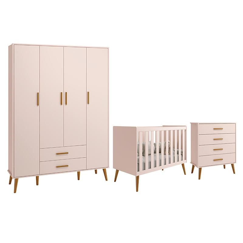 Dormitório Infantil Isis Guarda Roupa 4 Portas, Cômoda E Berço Rosa - Reller Móveis