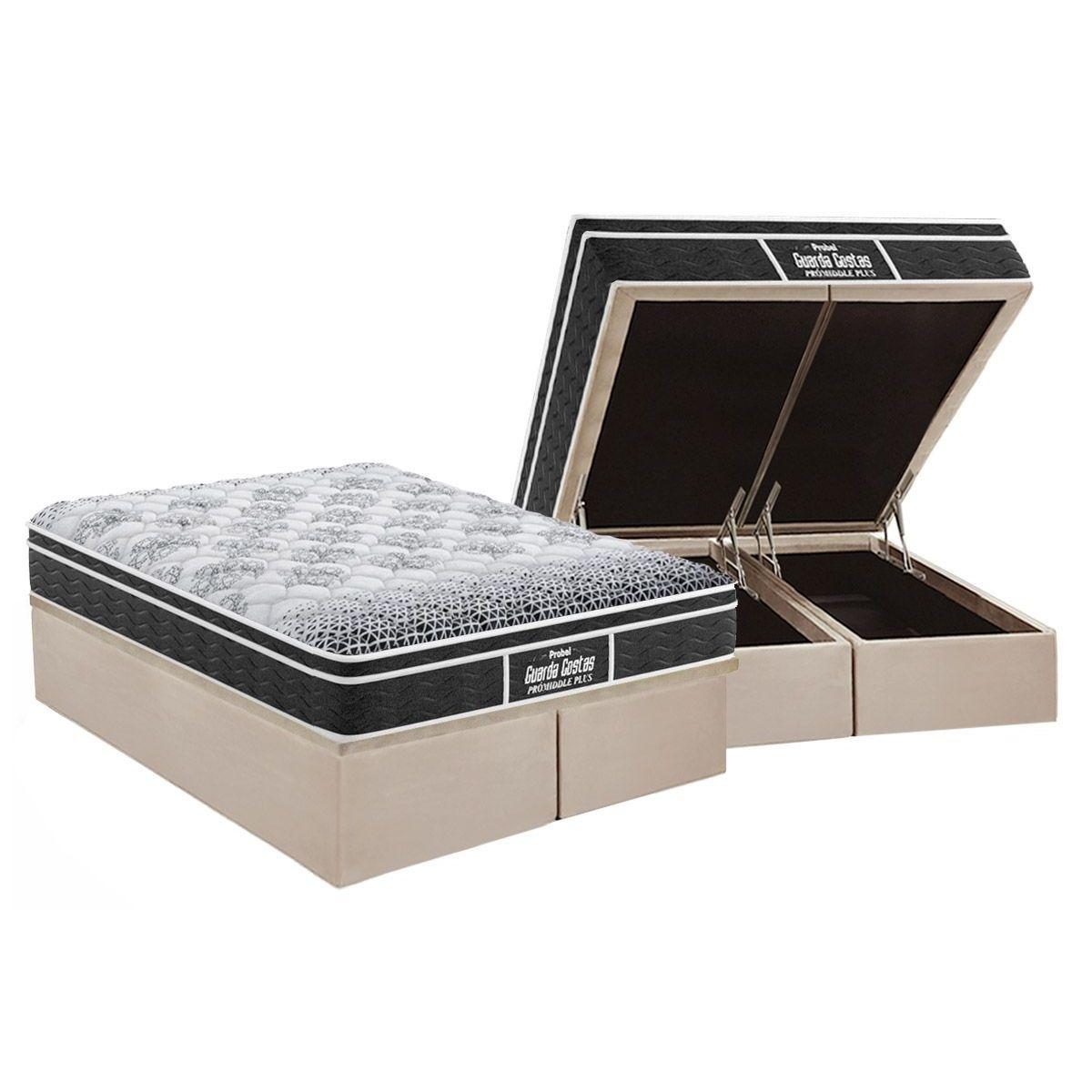 Cama Box Bau Queen Colchao Espuma Probel D28 Ep Guarda Costas Promiddle Plus Base Crc Suede Clean 158x198