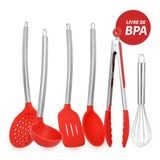 KIT UTENSILIOS DE COZINHA DE SILICONE VERMELHO CABO INOX K4B