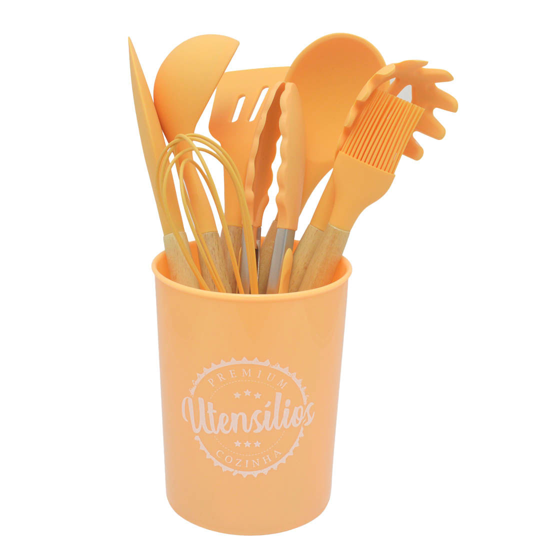 Kit Utensílios De Silicone Cozinha Com Cabo De Madeira E Copo 9 Peças