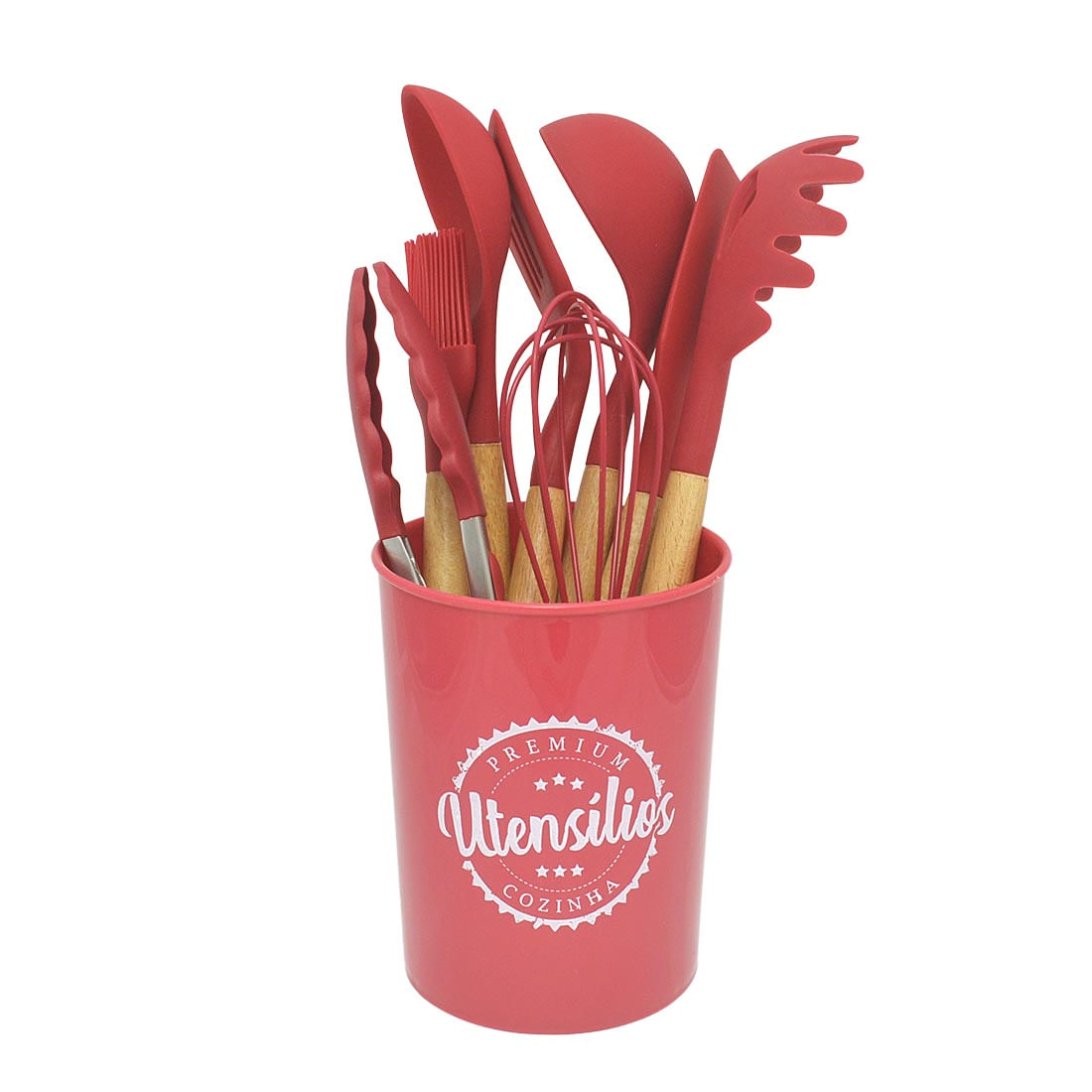 Kit Utensílios De Silicone Cozinha Com Cabo De Madeira E Copo 9 Peças