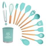 Kit Utensílios De Silicone Cozinha Com Cabo Madeira E Copo