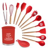 Kit Utensílios De Silicone Cozinha Com Cabo Madeira E Copo