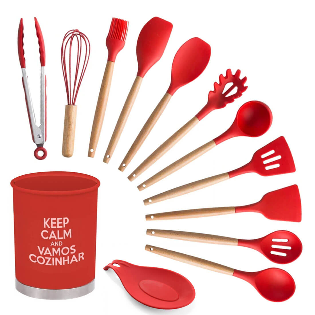 Kit Utensílios De Silicone Cozinha Com Cabo Madeira E Copo