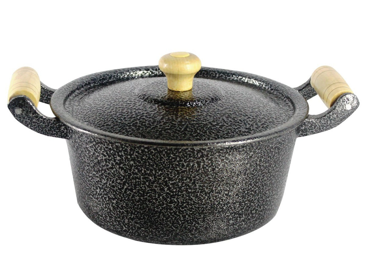 Caçarola Panela Reta Craqueada De Alumínio Alça Madeira 18cm