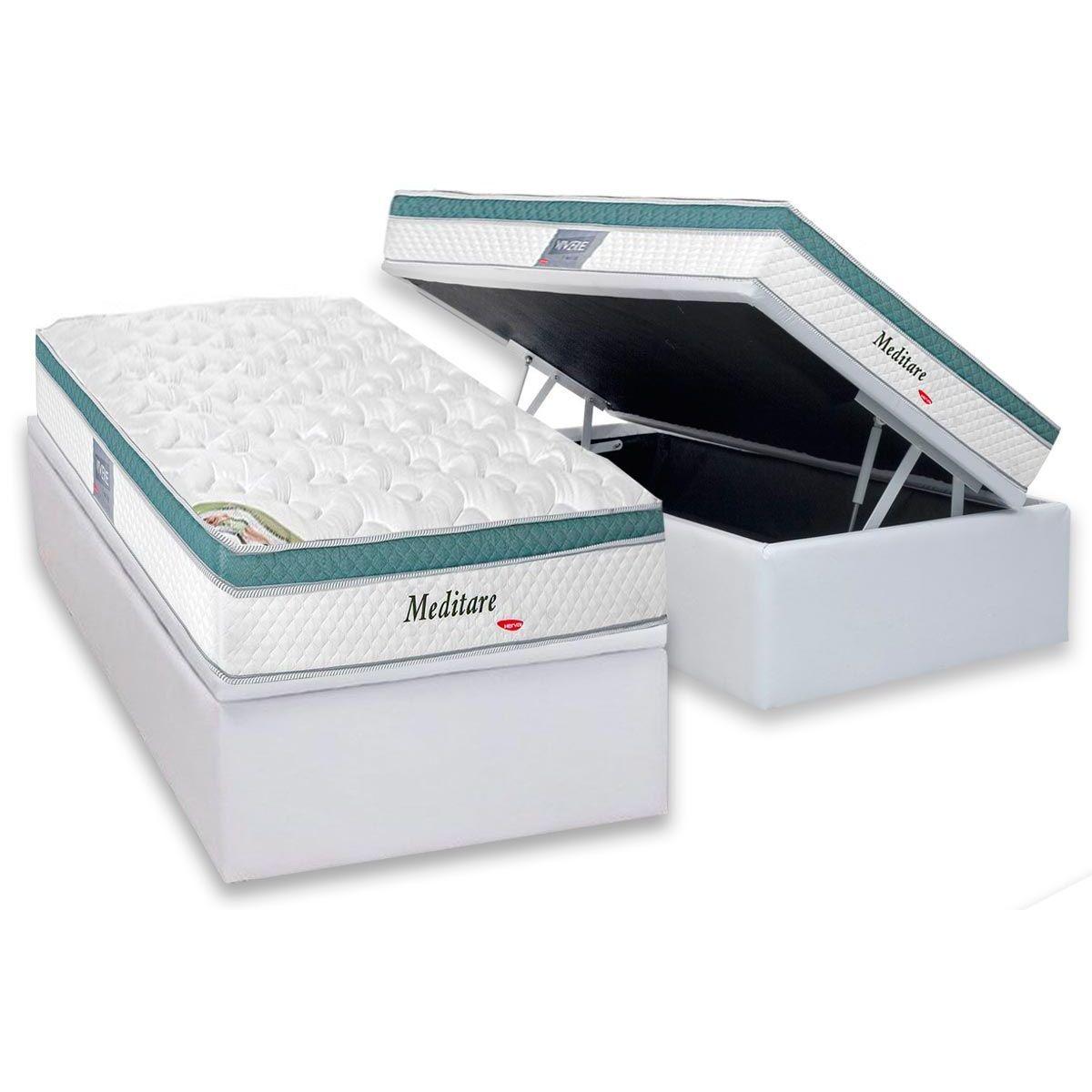 Cama Box Bau Solteiro Colchao Molas Herval Masterpocket Ensacadas Meditare Base Crc Courano White 88x188