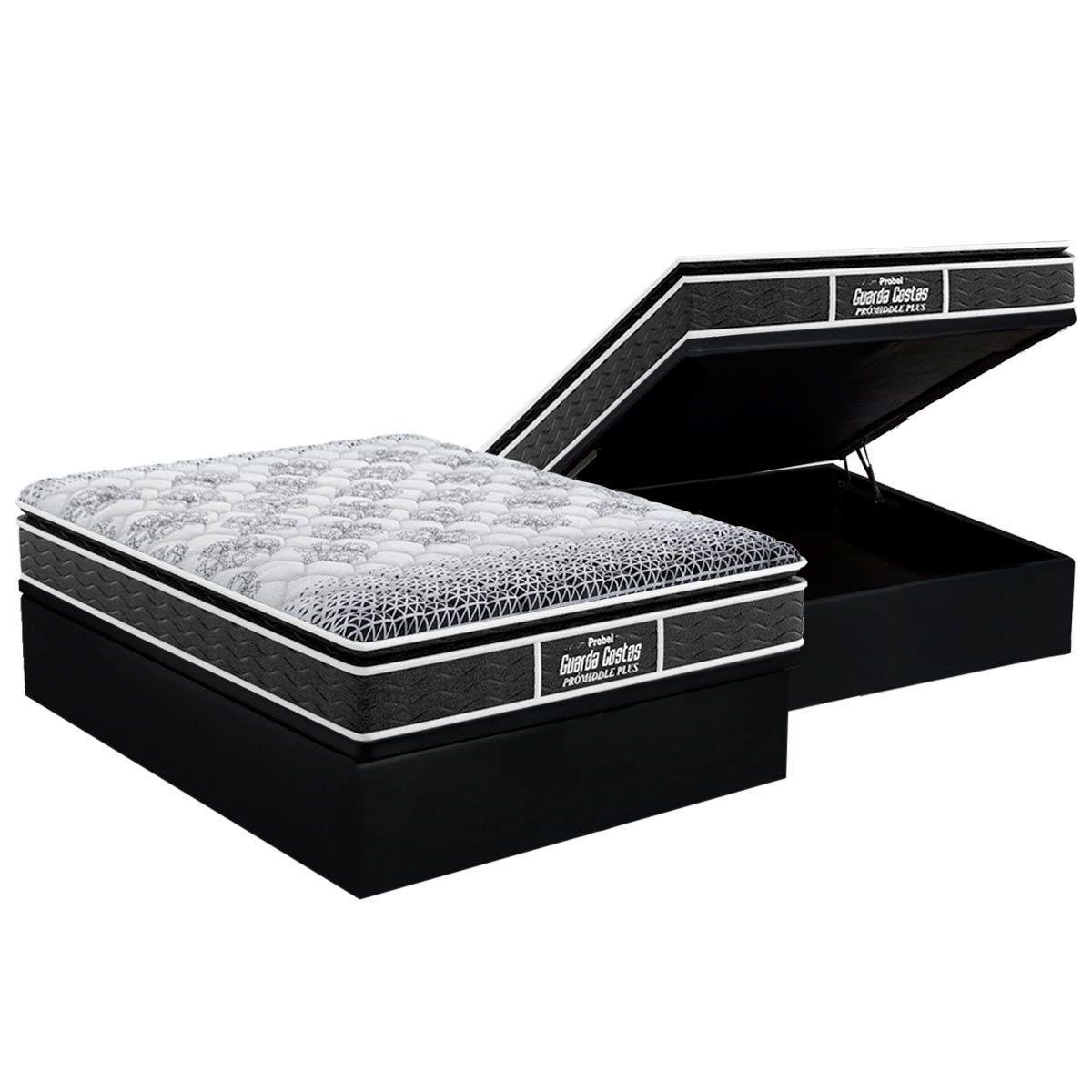 Cama Box Bau Casal Colchao Ortopedico Probel D28 Ep Guarda Costas Promiddle Plus Pillow Top Base Crc Suede Black 138x188