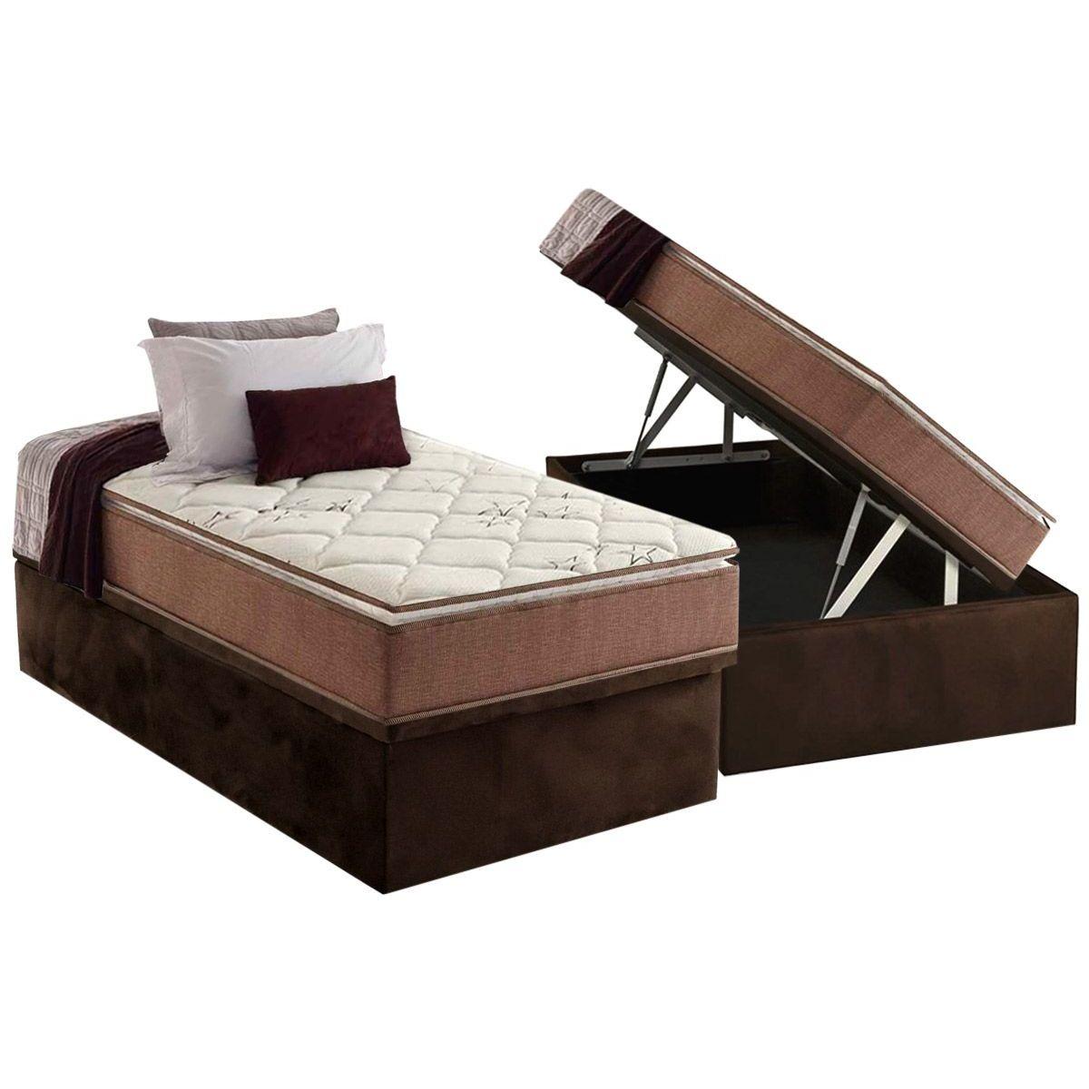 Cama Box Bau Solteiro Colchao Espuma Anjos D28 Ag65 Star Pillow Top Base Crc Suede Brown 88x188