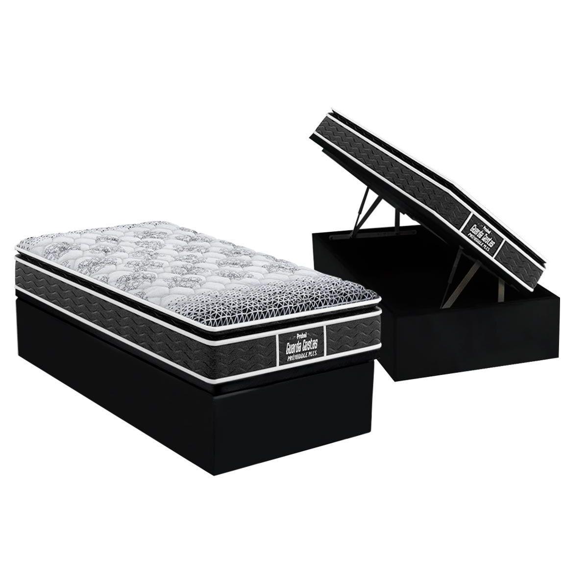 Cama Box Bau Solteiro Colchao Ortopedico Probel D28 Ep Guarda Costas Promiddle Plus Pillow Top Base Crc Suede Black 88x188