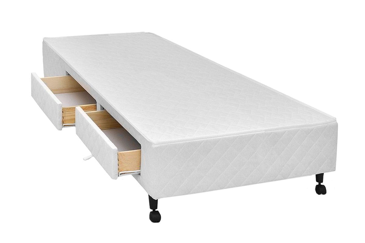 Cama Box Base Castor c/ Gavetas Tecido Branco 2 Gav Solteiro -0,88x1,88x0,23