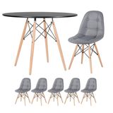 Kit - Mesa Eames 100 cm preto + 5 cadeiras estofadas Eiffel Botonê cinza escuro