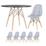 Kit - Mesa Eames 100 cm preto + 5 cadeiras estofadas Eiffel Botonê cinza claro