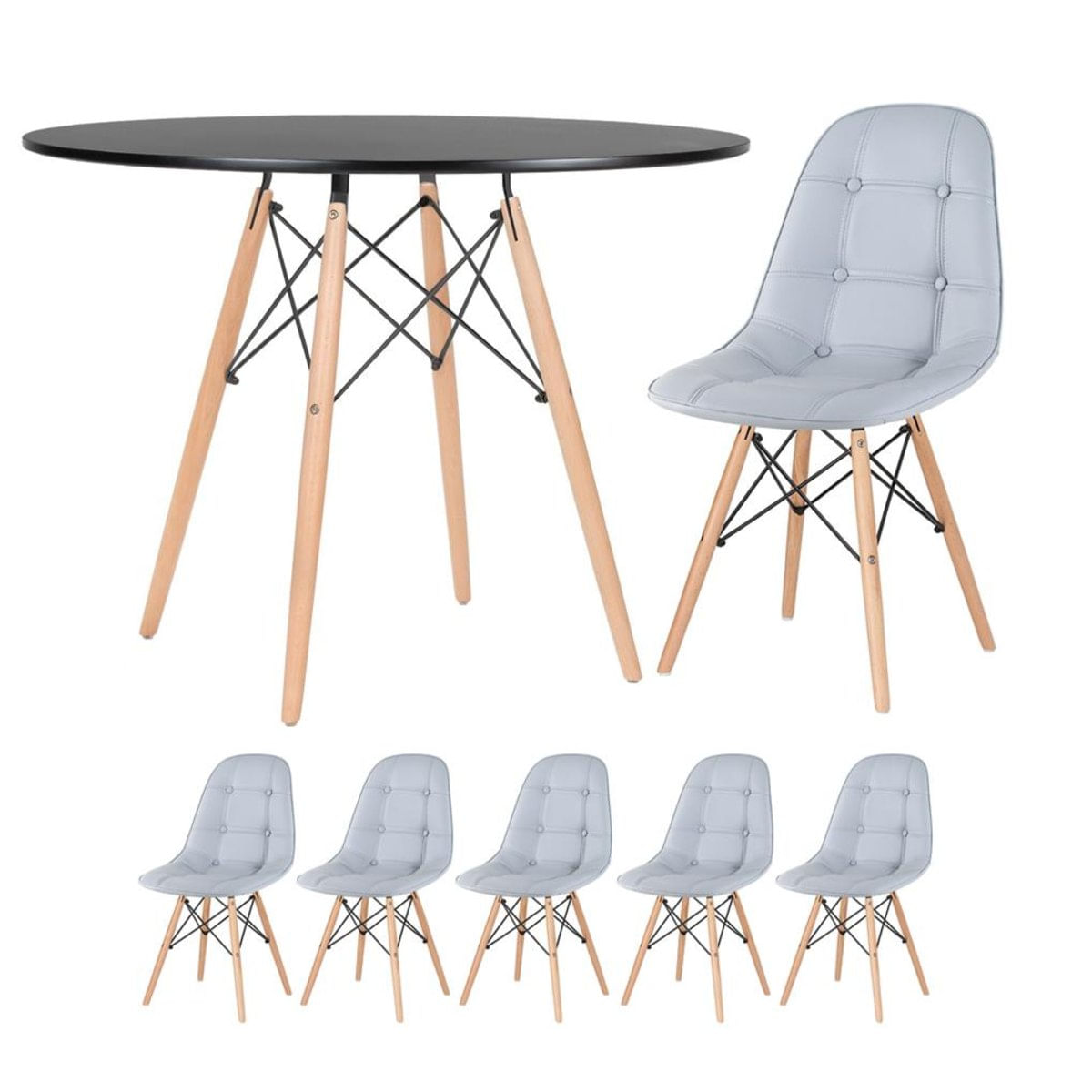 Kit - Mesa Eames 100 cm preto + 5 cadeiras estofadas Eiffel Botonê cinza claro