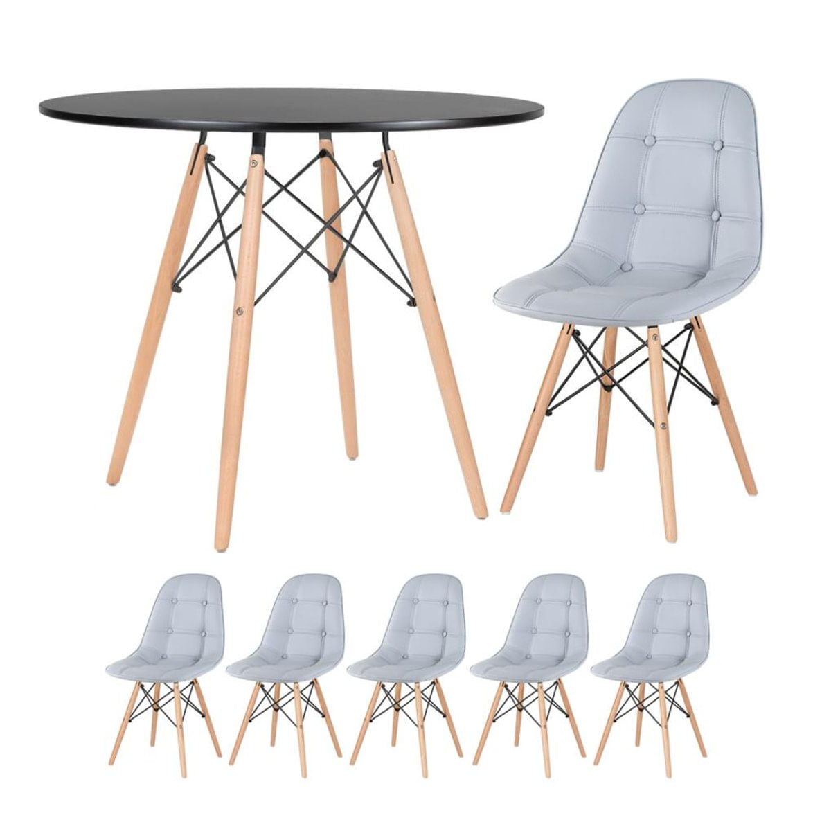 Kit - Mesa Eames 90 cm preto + 5 cadeiras estofadas Eiffel Botonê cinza claro