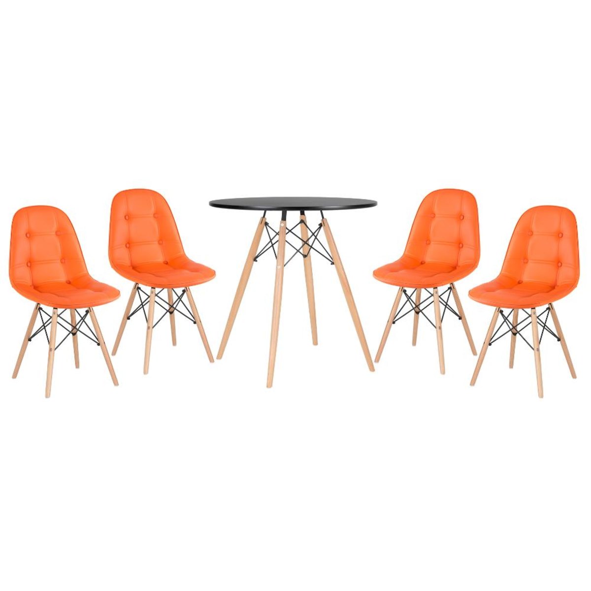 Kit - Mesa Eames 70 cm preto + 4 cadeiras estofadas Botonê laranja