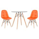 Kit - Mesa de vidro Eames 70 cm + 2 cadeiras estofadas Eiffel Botonê laranja