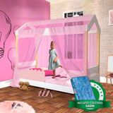 Cama Casinha Com Proteção Rose E Voal Rosa Solteiro Jhulia Divaloto Com Colchão Gazin