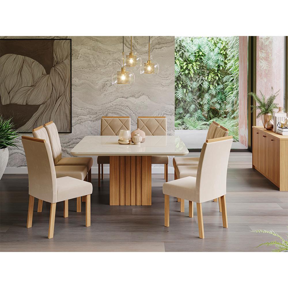 Conjunto Sala De Jantar Ana 130x80 Tampo Em Mdf/vidro 8 Cadeiras Fernanda Cimol Nature/off White/madeira/nude