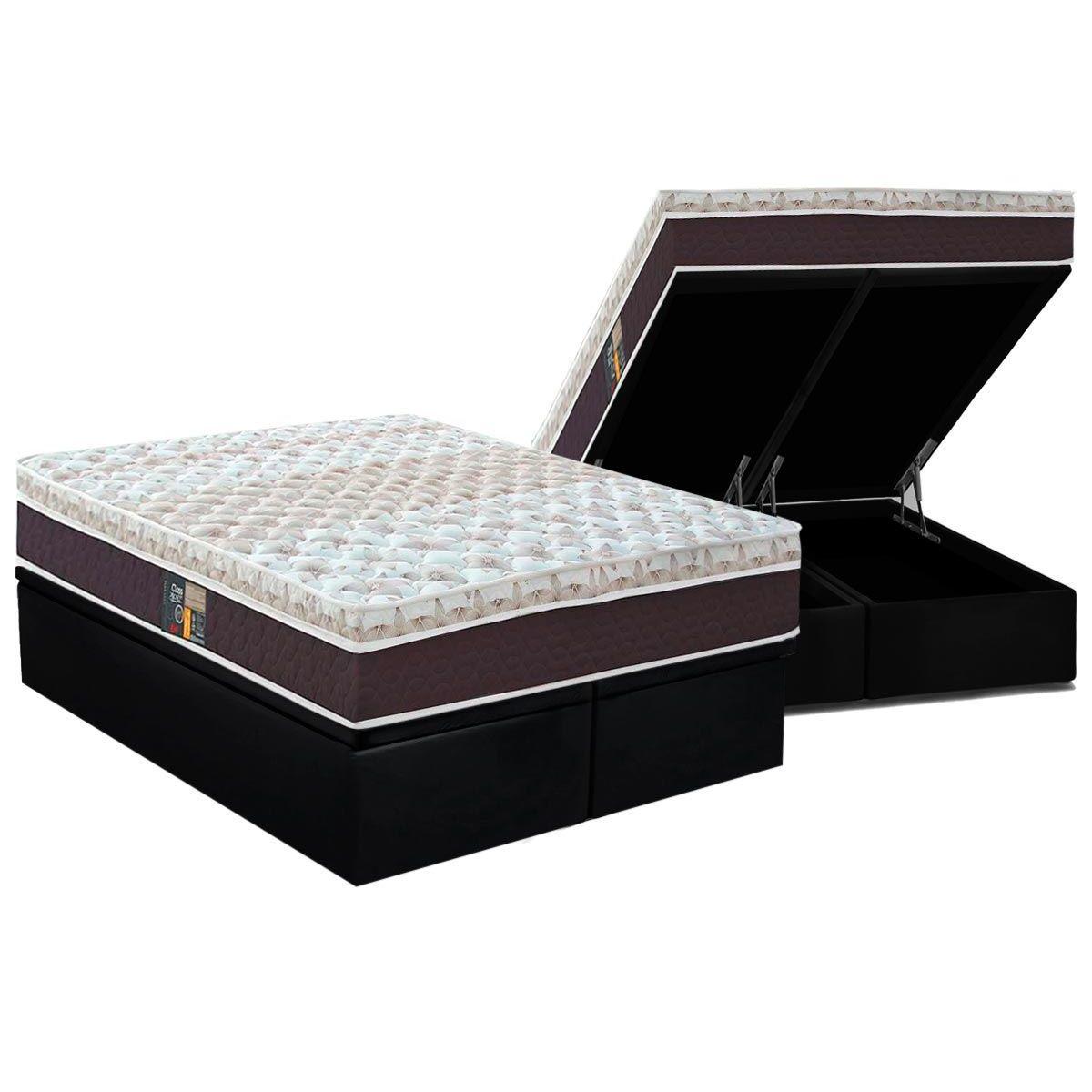 Cama Box Bau Queen Colchao Molas Pocket Ensacadas Castor Class Hibrido Base Crc Courano Black 158x198