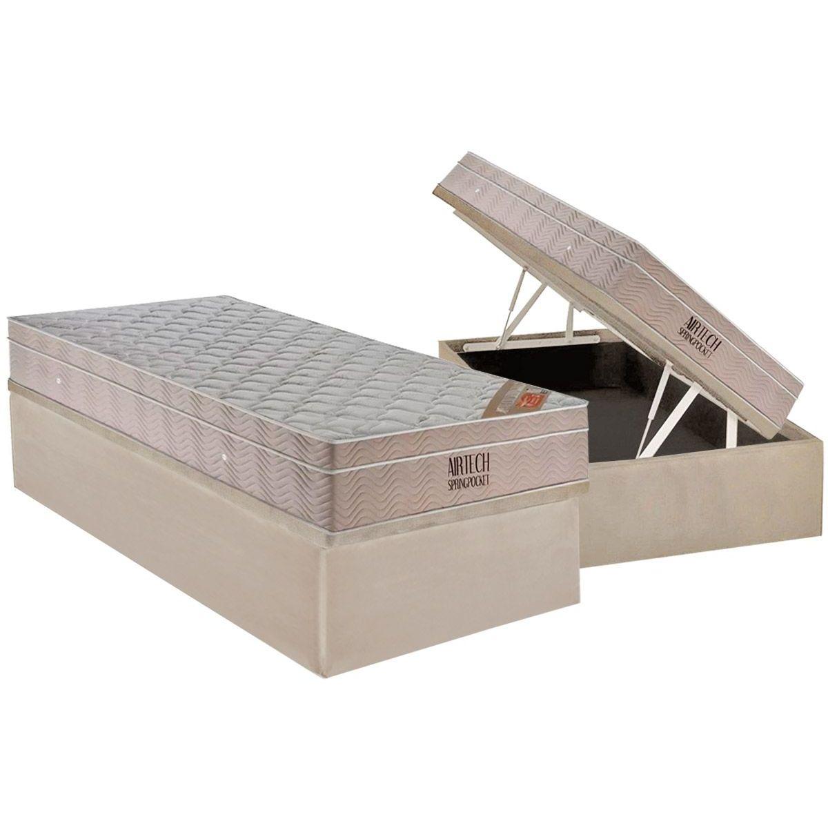 Cama Box Bau Solteiro Colchao Molas Ortobom Superpocket Fort Airtech Spring Base Crc Suede Clean 88x188