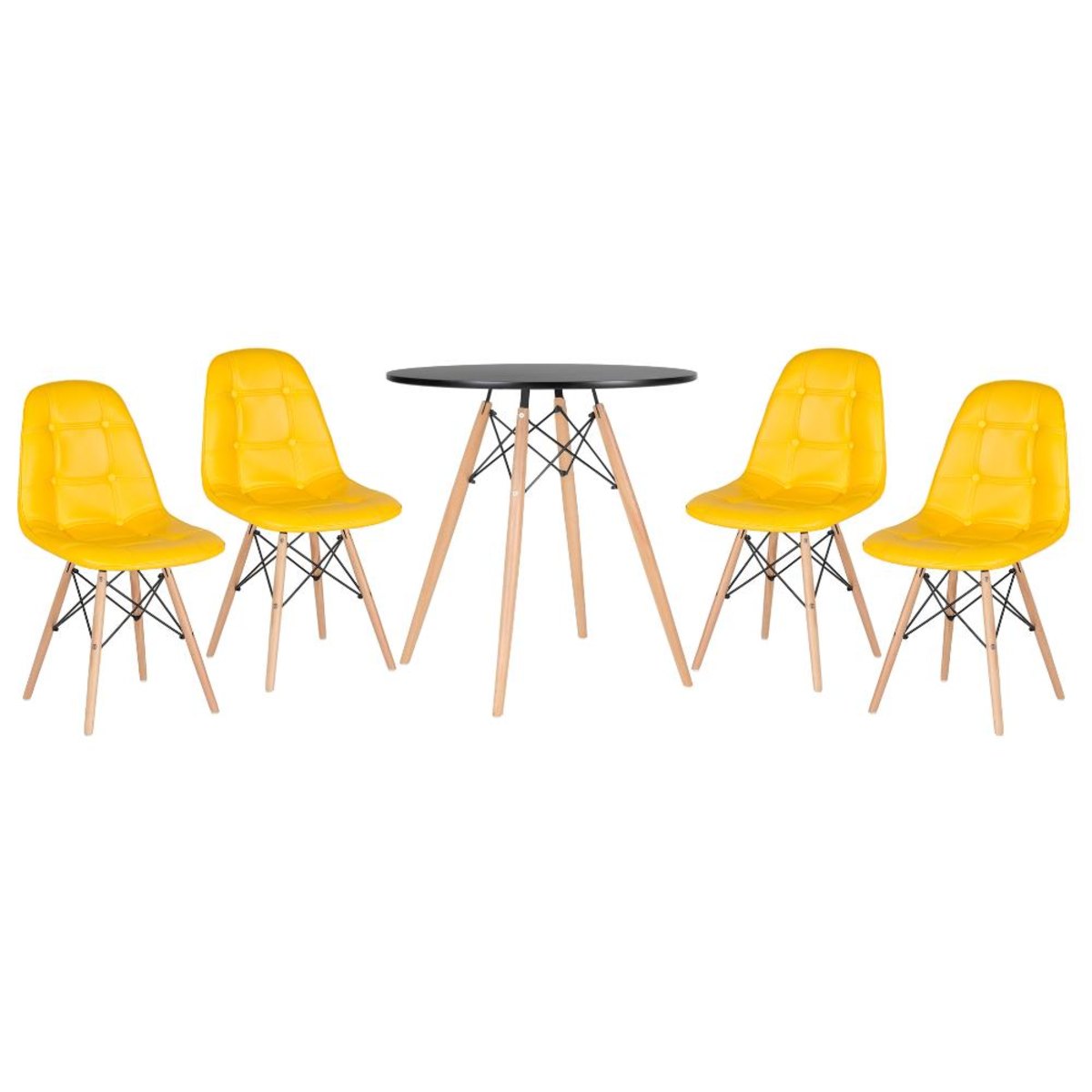 Kit - Mesa Eames 70 cm preto + 4 cadeiras estofadas Botonê amarelo