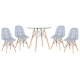 Kit - Mesa de vidro Eames 80 cm + 4 cadeiras estofadas Eiffel Botonê cinza claro