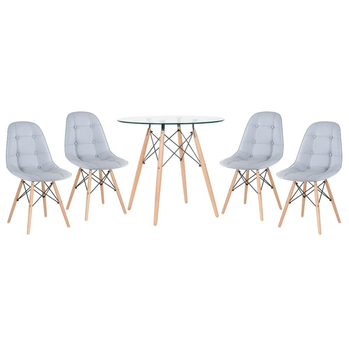 Kit - Mesa de vidro Eames 80 cm + 4 cadeiras estofadas Eiffel Botonê cinza claro