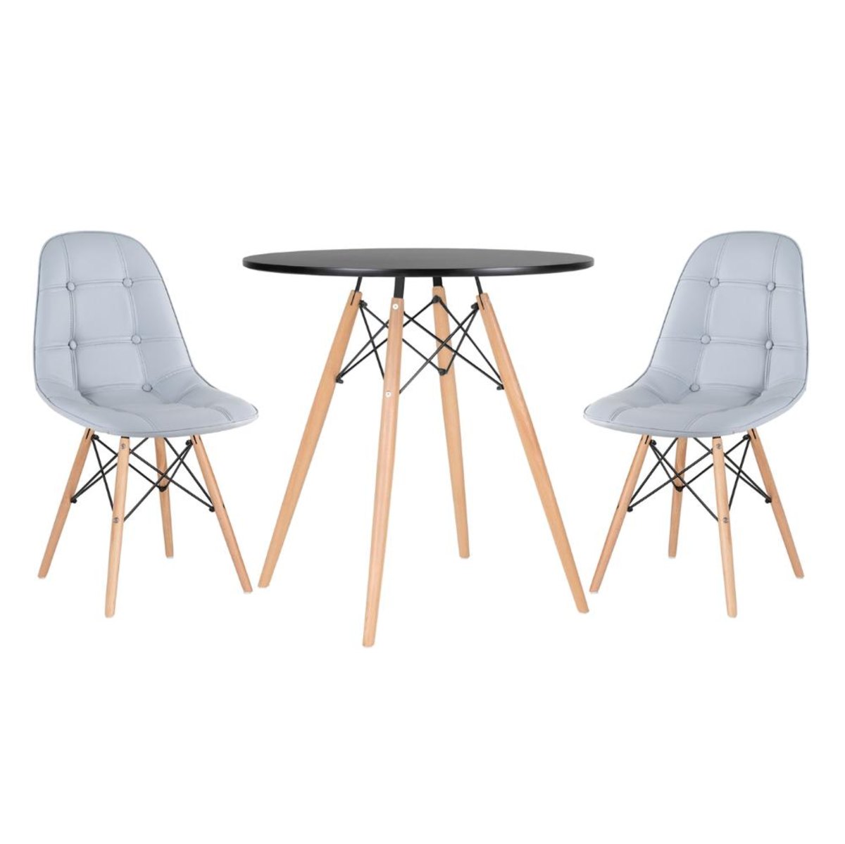 Kit - Mesa Eames 70 cm preto + 2 cadeiras estofadas Botonê cinza claro