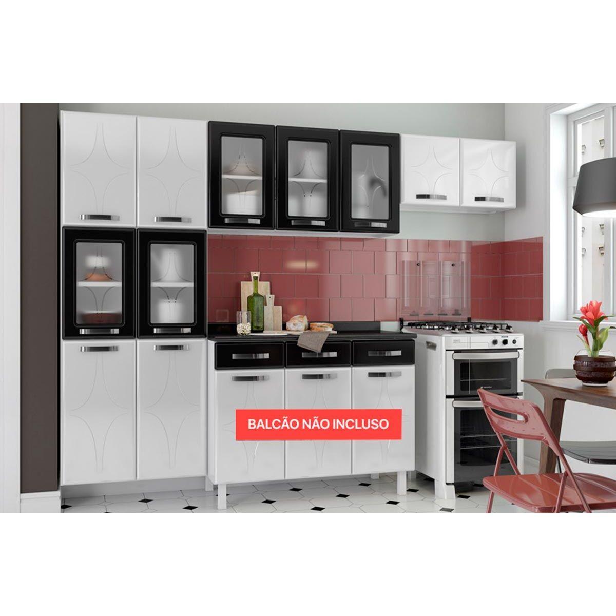 Cozinha Modulada Completa Rubi 3 Pecas 2 Armarios 1 Paneleiro Cpt108 Branco Preto Telasul